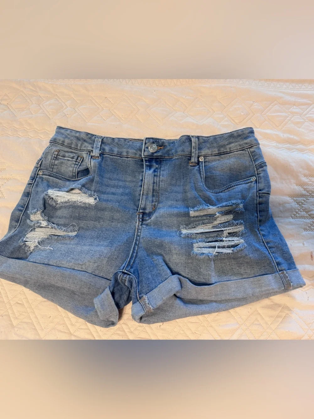 refuge Distressed Light Blue Rolled-Hem Denim Shorts
